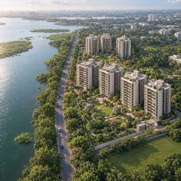 Adarsh Urbanite aerial view of seven towers in landscaped grounds across Bellandur Lake Road from the lake, artist's impression