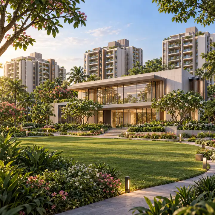Adarsh Urbanite clubhouse facing the lawns, artist's impression