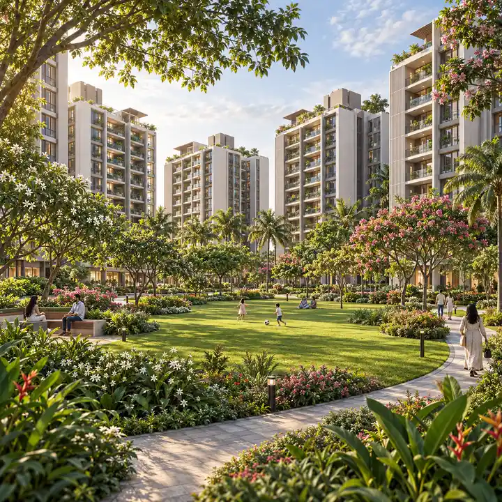 Adarsh Urbanite landscaped gardens and walking paths between the towers, artist's impression