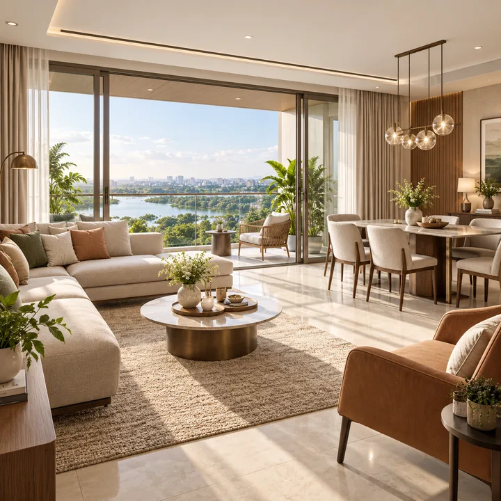 Adarsh Urbanite living and dining room opening onto a balcony, artist's impression