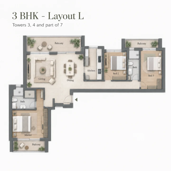Adarsh Urbanite 3 BHK Layout L indicative floor plan for Towers 3, 4 and part of 7