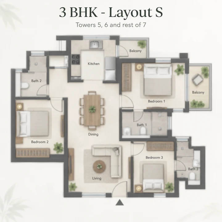 Adarsh Urbanite 3 BHK Layout S indicative floor plan for Towers 5, 6 and the rest of 7