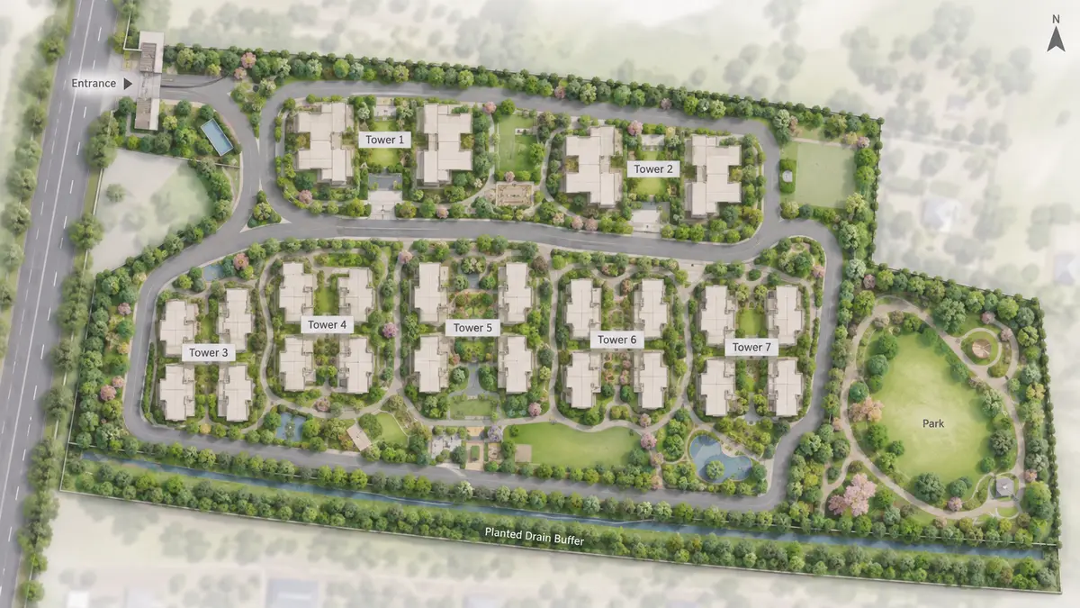 Adarsh Urbanite indicative site layout with Towers 1 and 2 to the north, Towers 3 to 7 to the south and the park in the south-east corner